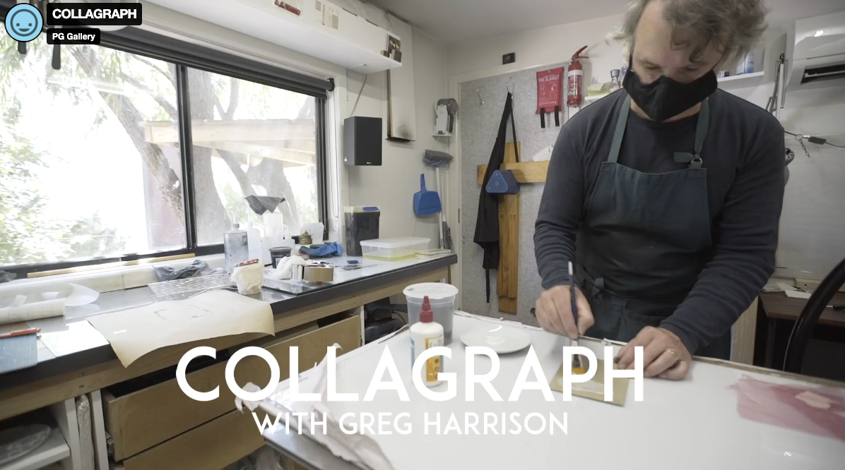 Load video: Learn how to make a collagraph. Process Printmaking videos with master printmaker Greg Harrison, brought to you by PG Gallery, Melbourne, specialising in Fine Art Printmaking since 1975. Video by Rick Mereki. Funded by Creative Victoria.